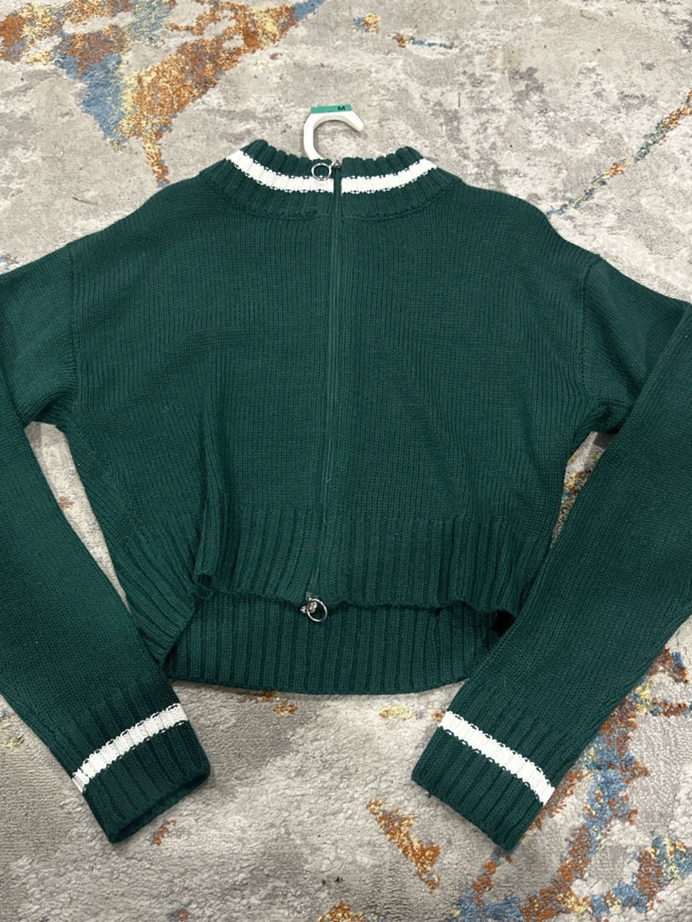Fashion Nova Dark Green Zip-Front Cropped Sweater with White Trim